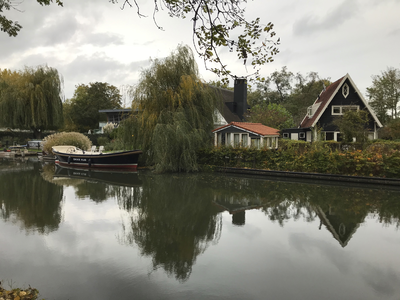 853057 Gezicht over de Kromme Rijn te Utrecht op de achtergevels van de huizen Weg naar Rhijnauwen 10 (rechts)- lager; ...